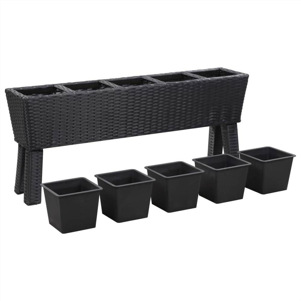 Garden Raised Bed with Legs and 5 Pots 118x25x50 cm Poly Rattan Black