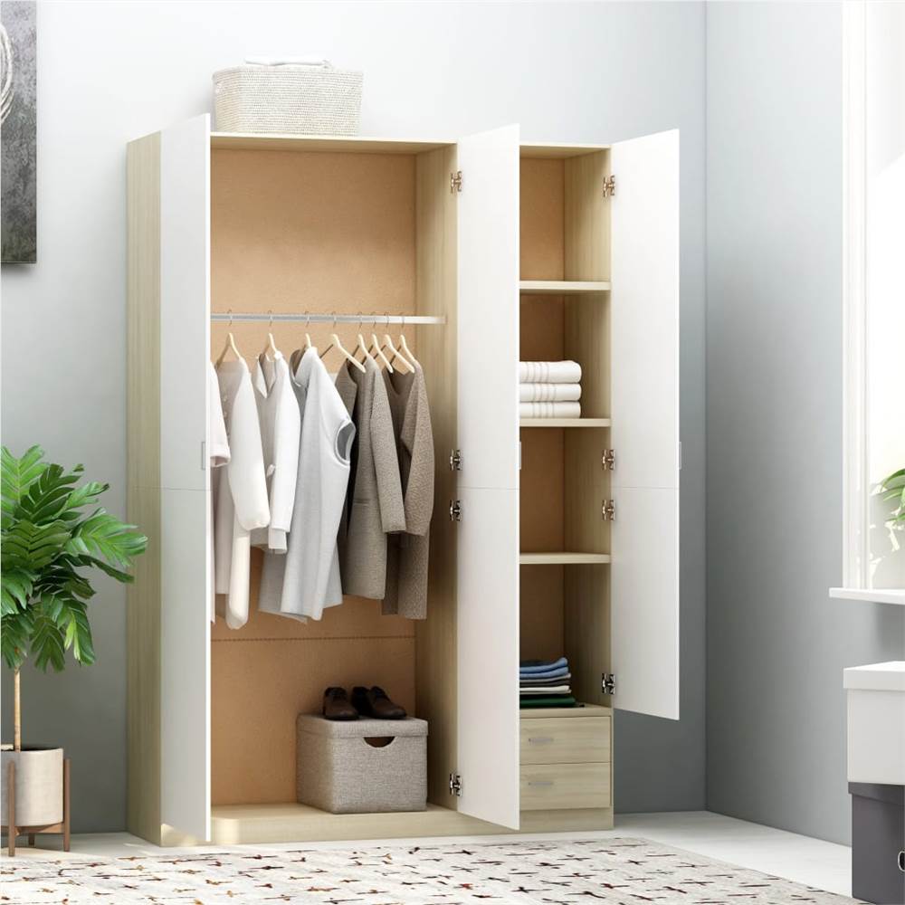 3-Door Wardrobe White and Sonoma Oak 120x50x180 cm Chipboard