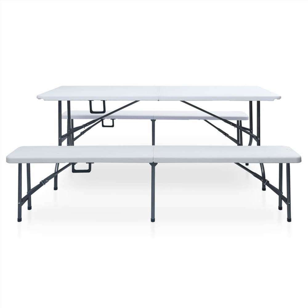 Folding Garden Table with 2 Benches 180 cm Steel and HDPE White