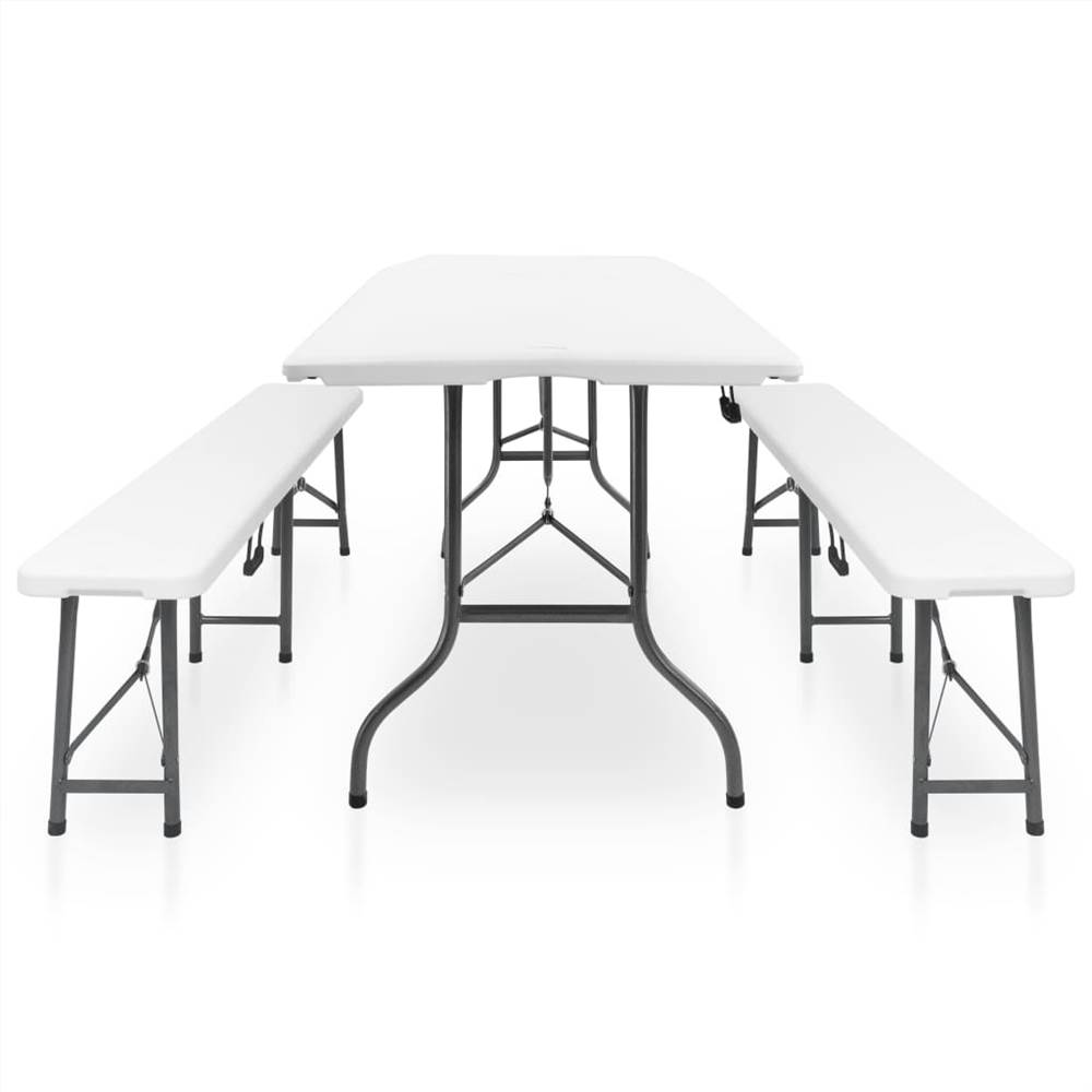 Folding Garden Table with 2 Benches 180 cm Steel and HDPE White