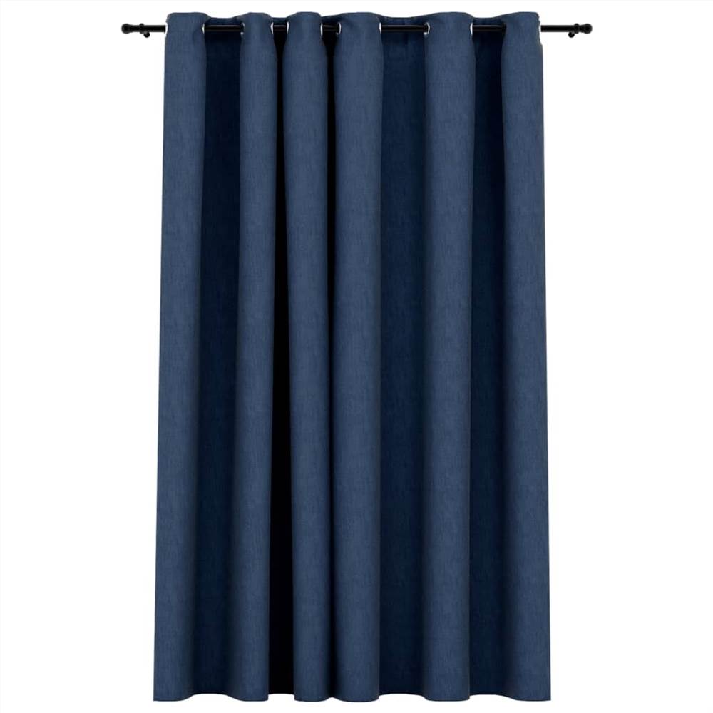 Linen-Look Blackout Curtains with Grommets Blue 290x245cm
