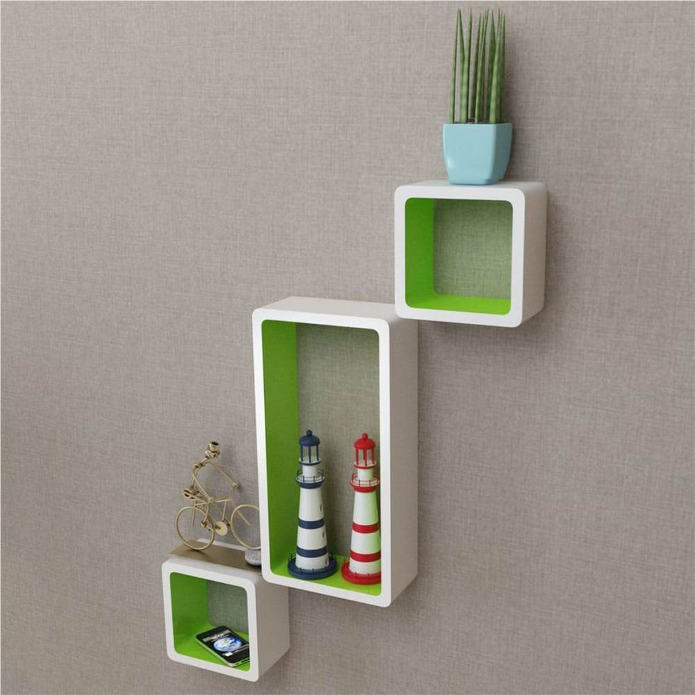 3 White-green MDF Floating Wall Display Shelf Cubes Book/DVD Storage