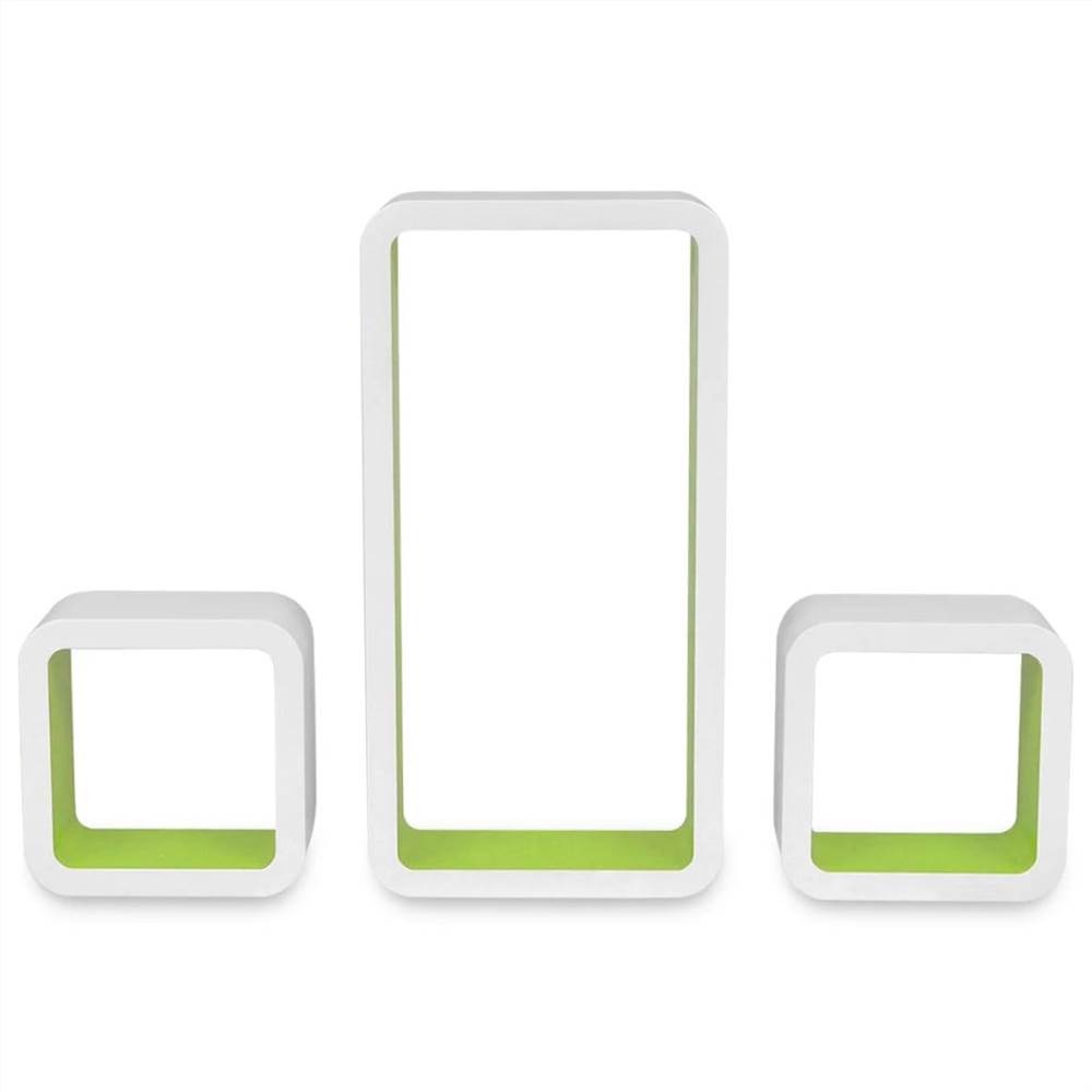 3 White-green MDF Floating Wall Display Shelf Cubes Book/DVD Storage