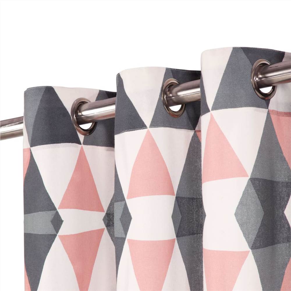 Curtains with Metal Rings 2 pcs Cotton 140x175 cm Grey and Pink
