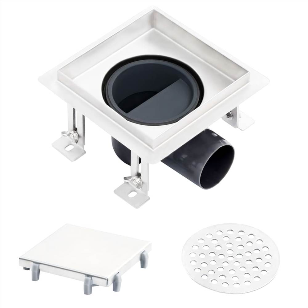 Shower Drain With 2-in-1 Flat and Tile Insert Cover 12x12 cm Stainless Steel