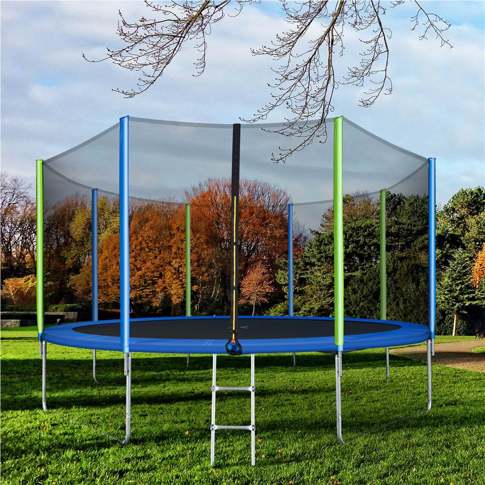 

12FT Trampoline for Kids with Safety Enclosure Net, Ladder and 8 Wind Stakes, Round Outdoor Recreational Trampoline - Blue