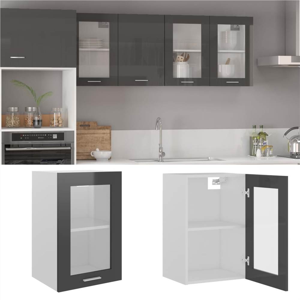 Hanging Glass Cabinet High Gloss Grey 40x31x60 cm Chipboard