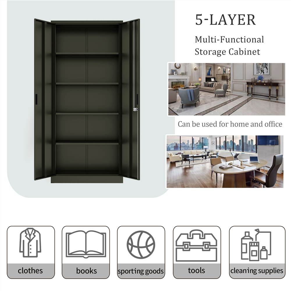 Home Office Steel Storage Cabinet Locker with 4 Adjustable Shelves and Lockable Doors, Multi-layer metal cabinet with 2 Doors, Dark Gray