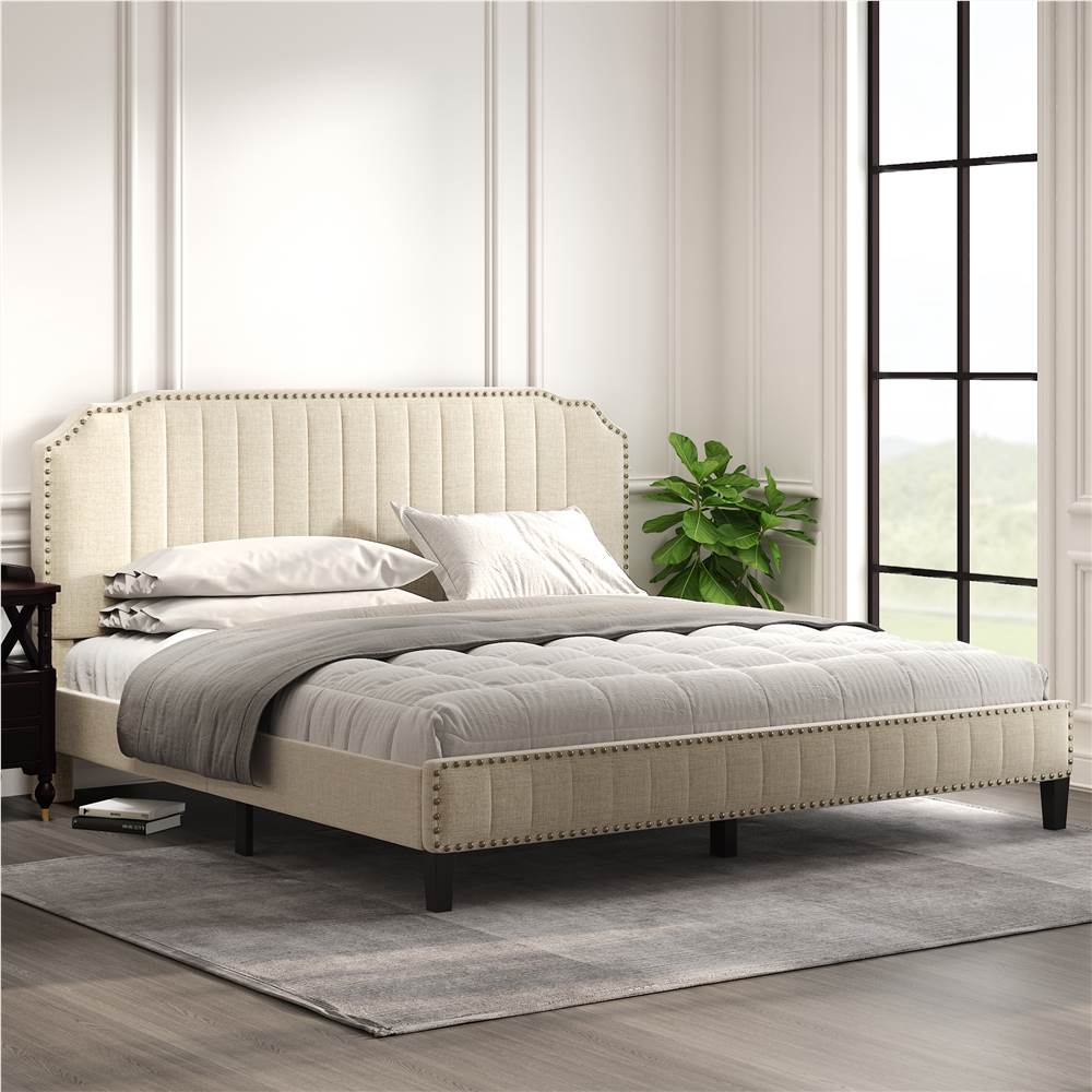 

King Size Solid Wooden Upholstered Bed Frame with Linen Headboard and Nailhead Trim - Cream