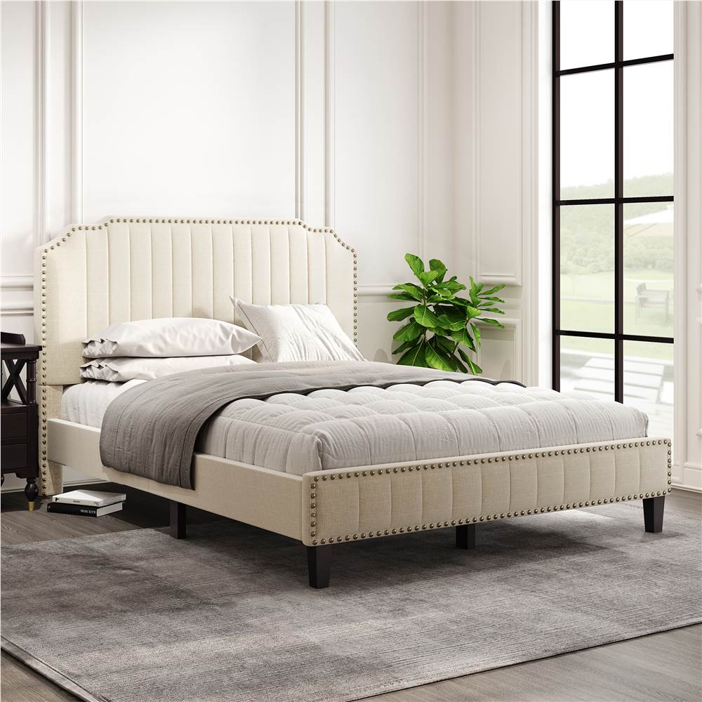 

Queen Size Solid Wooden Upholstered Bed Frame with Linen Headboard and Nailhead Trim - Cream