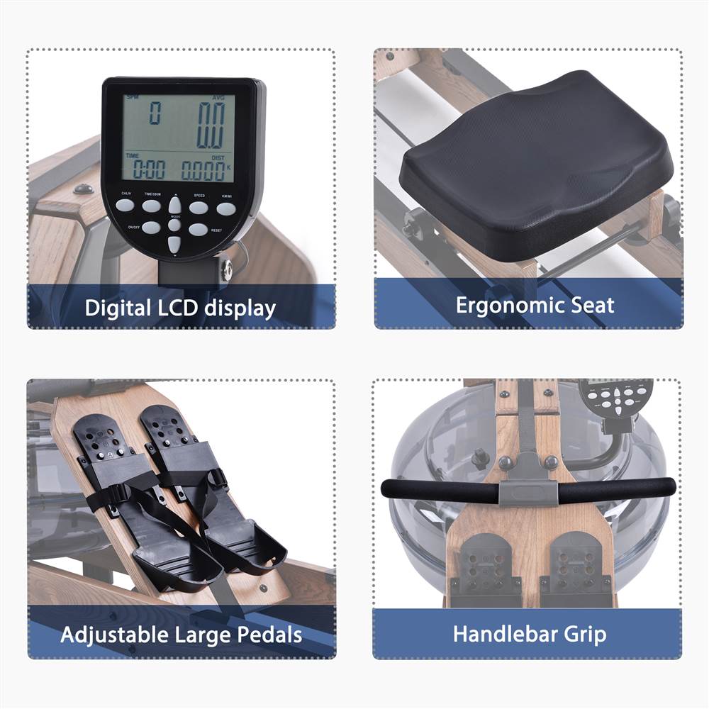 Water Rowing Machine for Home Use, Water Resistance Rower in Ash Wood, Home Gym Indoor Fitness Rower, Water Pump Included