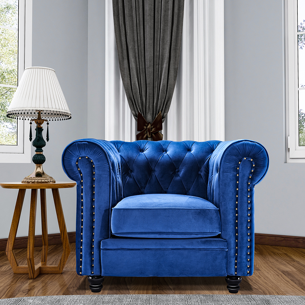 

1-seat Velvet Sofa Solid Wood Oak Legs for Living Room, Bedroom, Office, Hotel, Bar, Restaurant - Blue