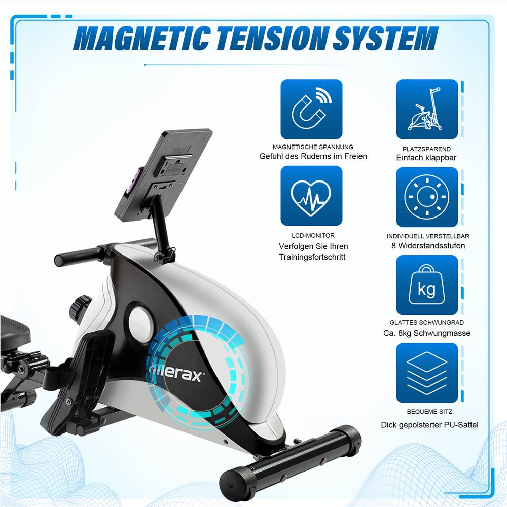Magnetic Rowing Machine Indoor Folding Rowing With Magnetic Braking System LCD Monitor 8-Level Resistance Adjustment Fitness Machine