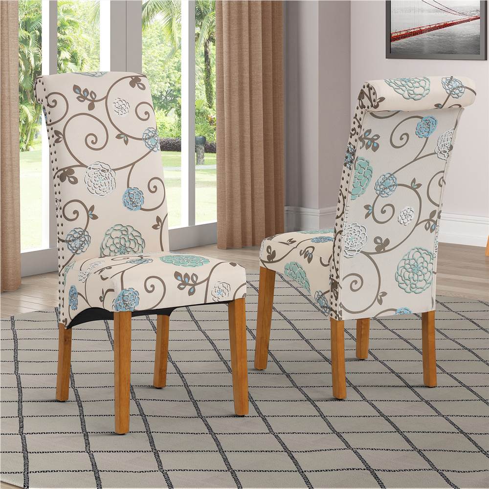 

Linen Upholstered Dining Chair Set of 2, with Backrest and Rubber Wood Feet, for Kitchen, Living Room, Bedroom, Office, Cafe - Flower
