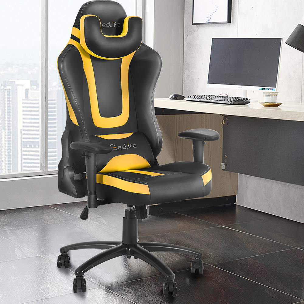 

Home Office PU Leather Rotatable Vibration Massage Gaming Chair Height Adjustable with Ergonomic Backrest and Casters - Black + Yellow