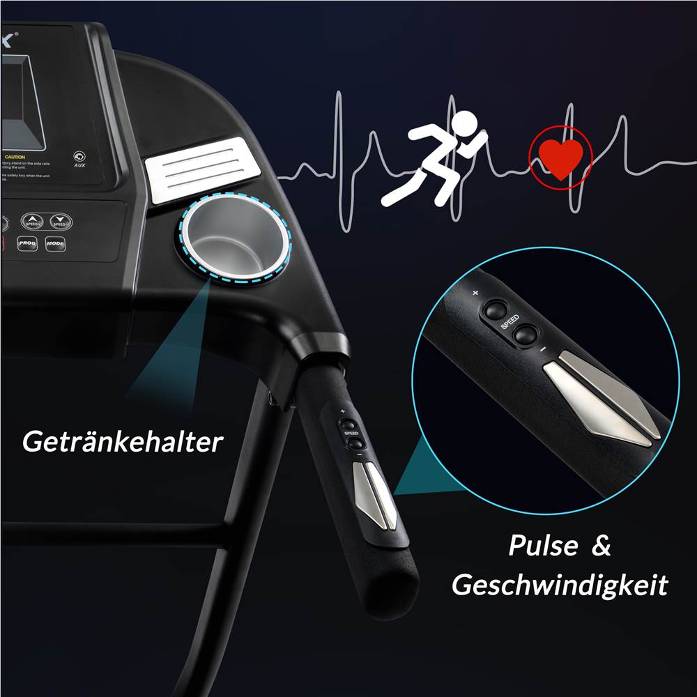 Laufgeräte für den Innenbereich, klappbares Laufband mit voreingestellten Geschwindigkeitsstufen, USB-, AUX- und Bluetooth-Konnektivität und LED-Anzeige, schwarz