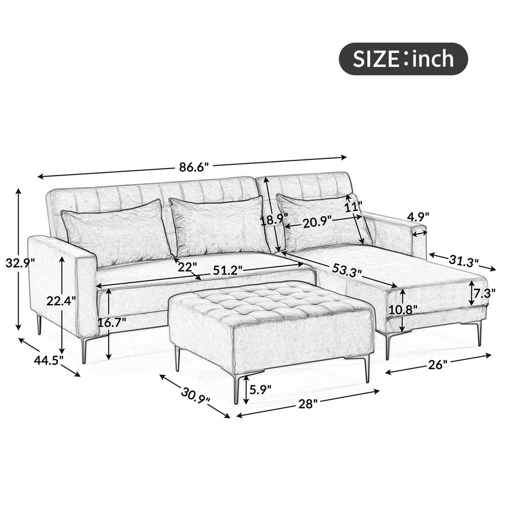 Orisfur. Sectional Couch with Three Pillows, L-Shape Upholstered Sofa bed with Modern Elegant Microsuede Fabric for Living Room Apartment
