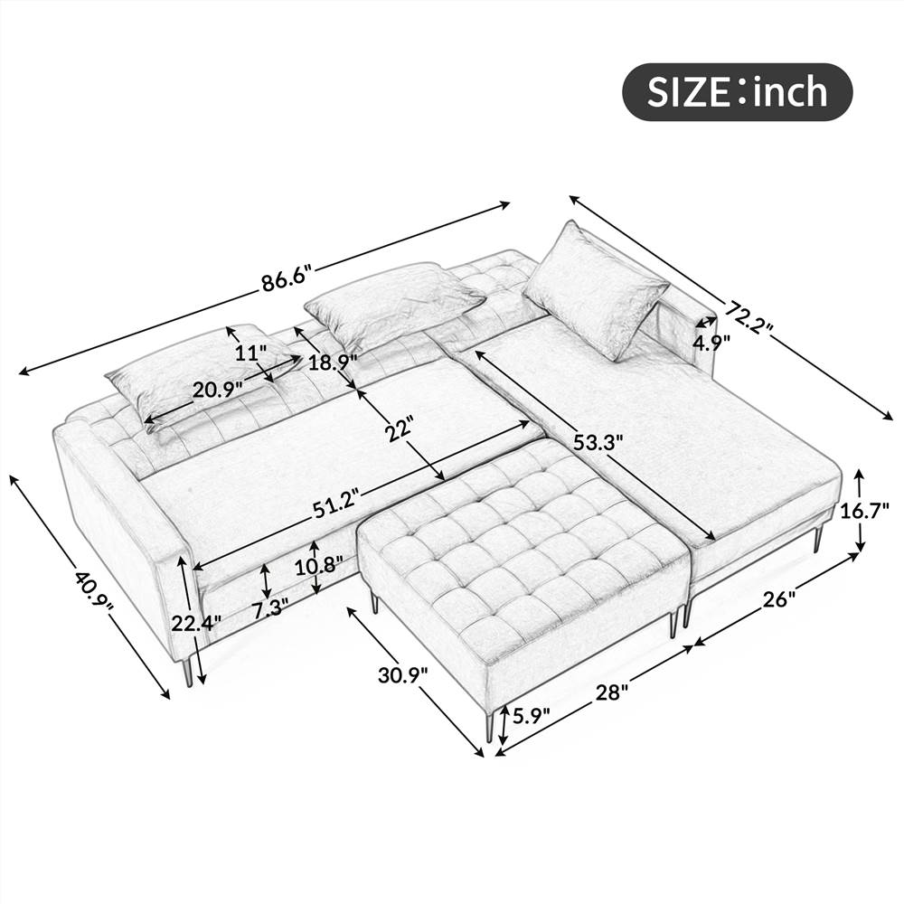 Orisfur. Sectional Couch with Three Pillows, L-Shape Upholstered Sofa bed with Modern Elegant Velvet for Living Room Apartment