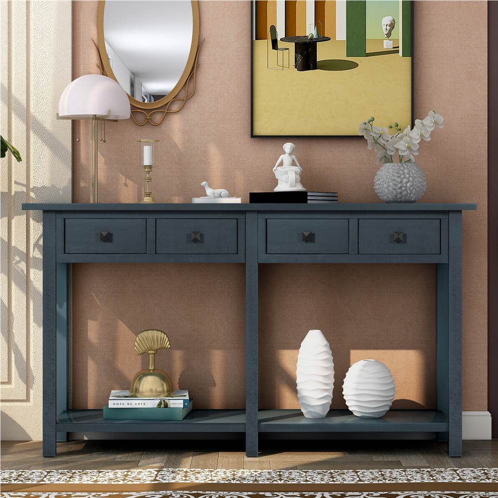 

TREXM 59" Rustic Brushed Texture Console Table, with 4 Drawers and Bottom Shelf, for Entrance Hallway, Dining Room, Kitchen - Navy