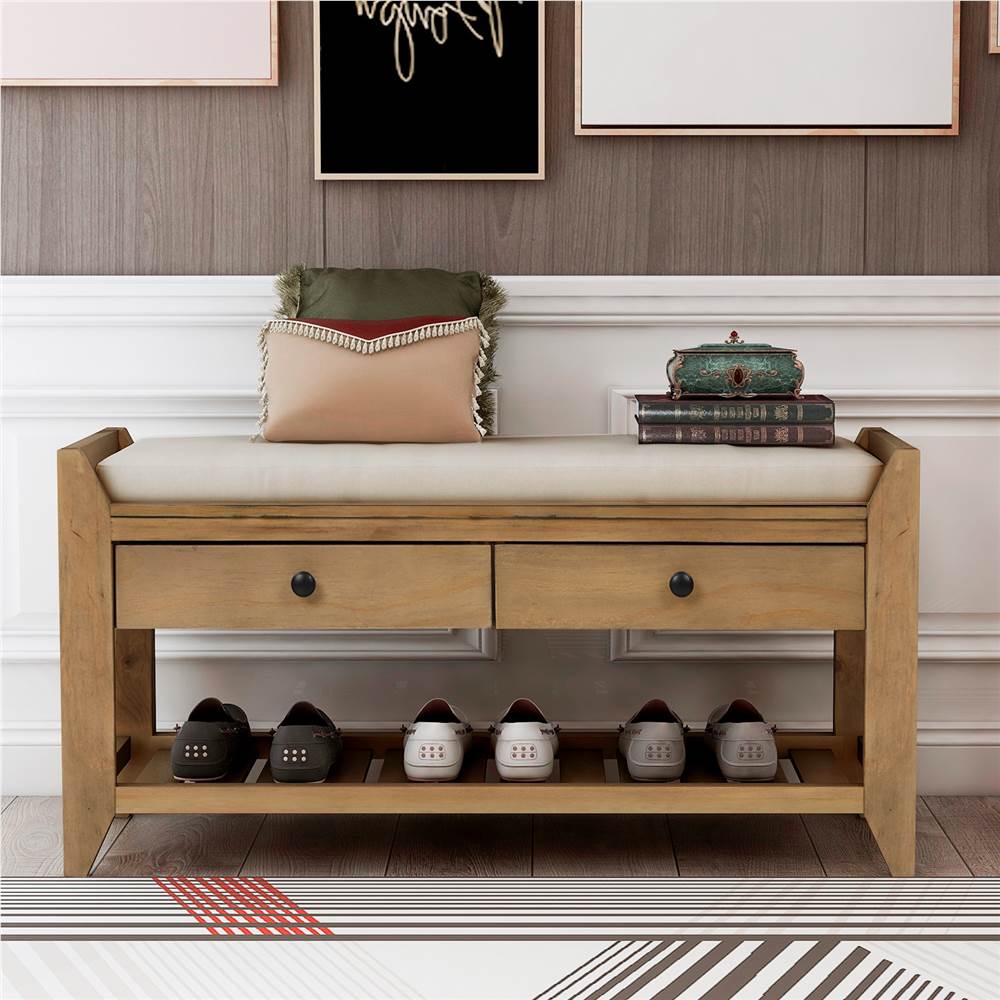 

TREXM 39'' Console Bench with 2 Storage Drawers and Mesh Shoe Shelf, for Entrance Hallway, Dining Room, Bedroom - Old Pine