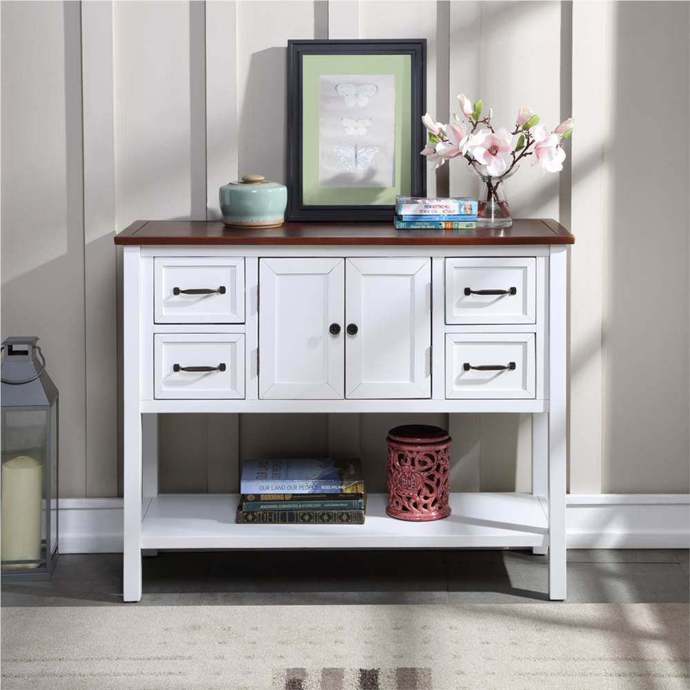 

U-STYLE 43'' Modern Console Table, with 4 Drawers, 1 Cabinet and 1 Shelf, for Entrance Hallway, Dining Room, Kitchen - White + Brown