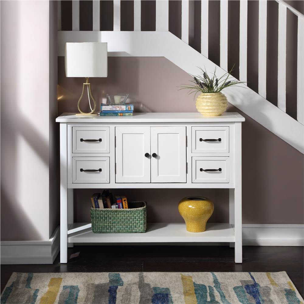 

U-STYLE 43'' Modern Console Table, with 4 Drawers, 1 Cabinet and 1 Shelf, for Entrance Hallway, Dining Room, Kitchen - White