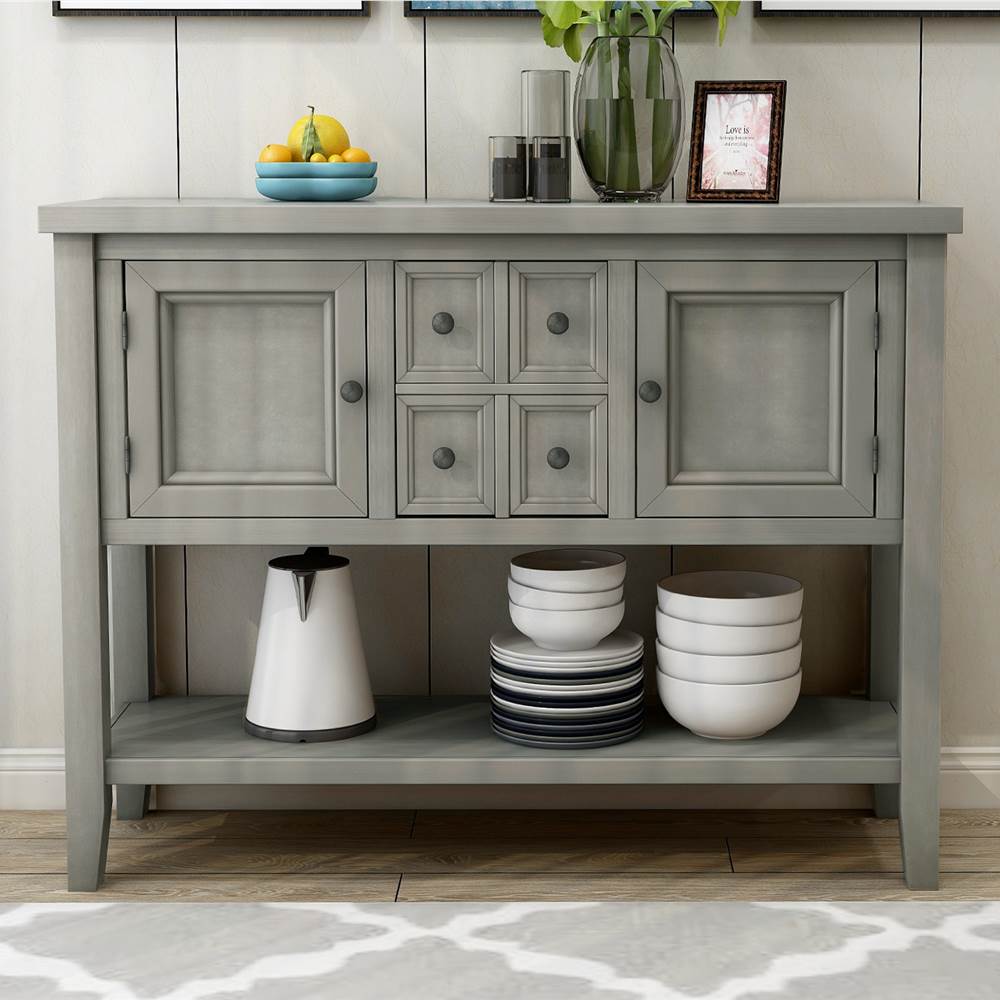 

TREXM 46'' Console Table with 4 Storage Drawers, 2 Cabinets and Bottom Shelf, for Entrance, Hallway, Dining Room, Kitchen - Antique Gray