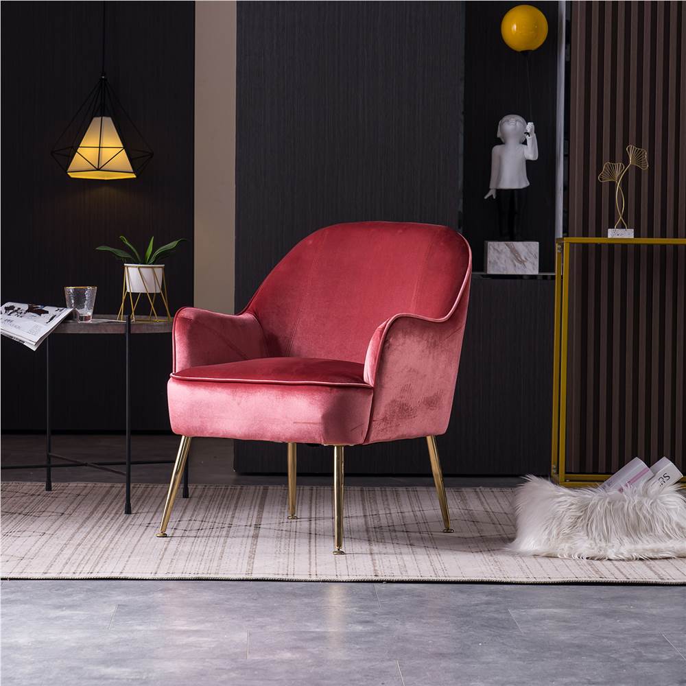 

Velvet Upholstered Chair with Curved Backrest and Adjustable Metal Legs, for Living Room, Bedroom, Dining Room, Office - Red
