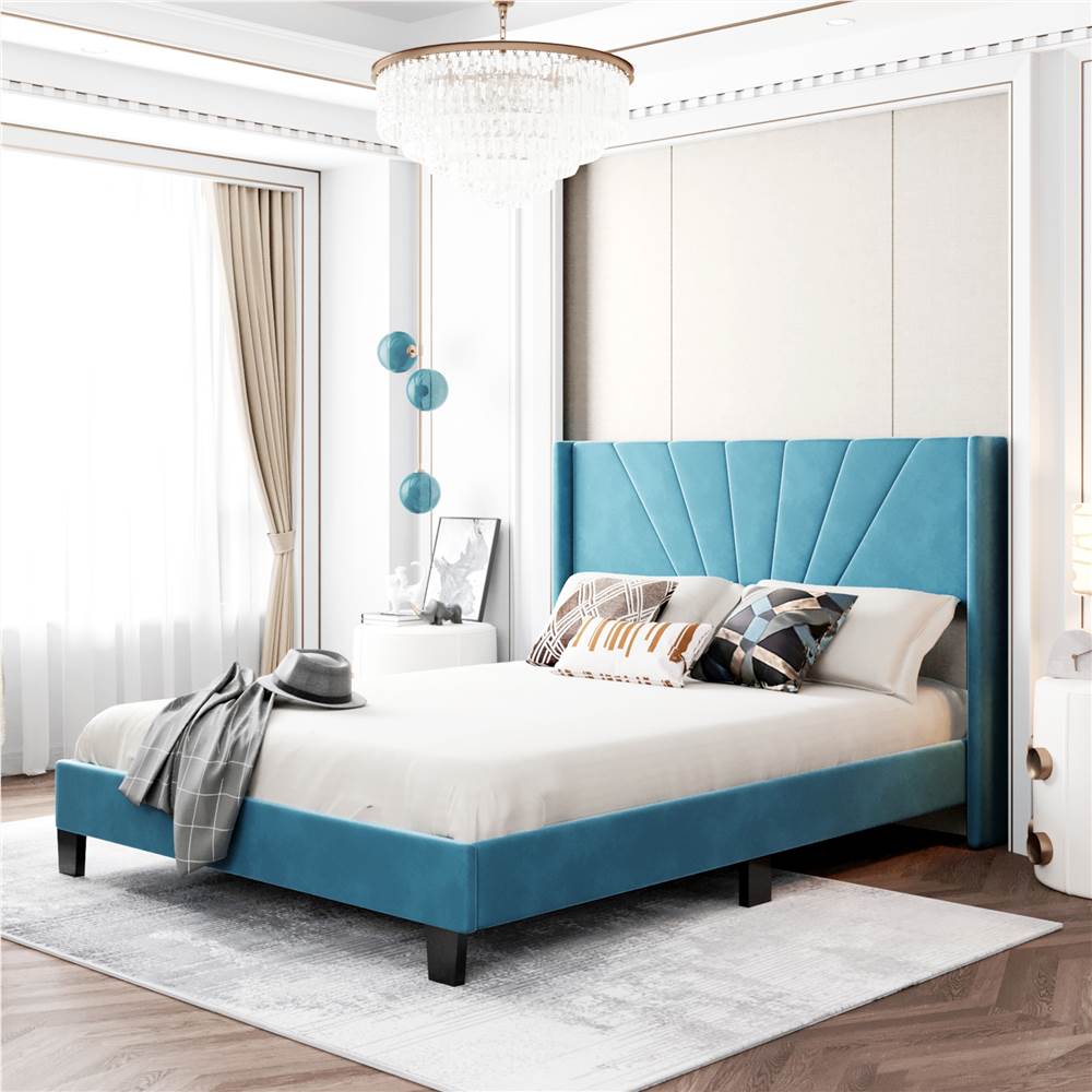 

Queen-Size Velvet Upholstered Platform Bed Frame with Headboard and Wooden Slat Support - Blue