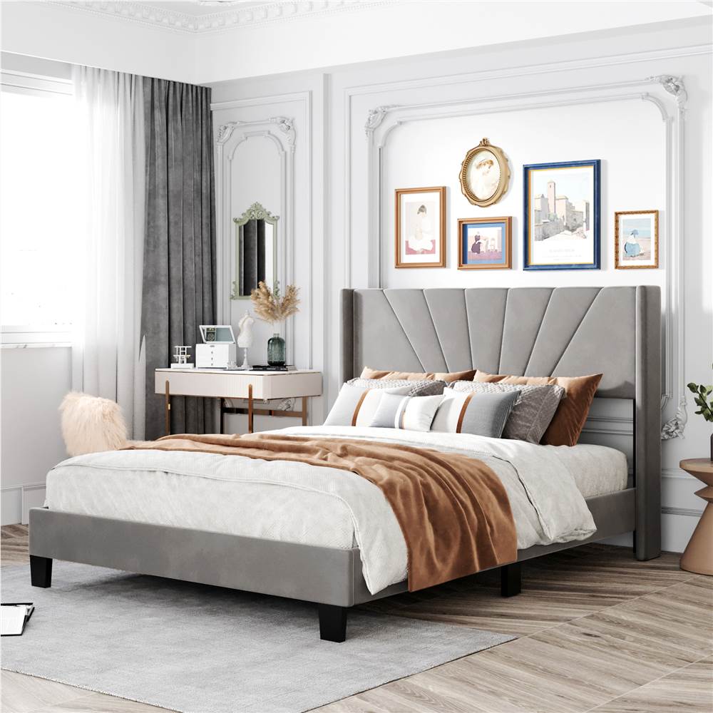 

Queen-Size Velvet Upholstered Platform Bed Frame with Headboard and Wooden Slat Support - Gray