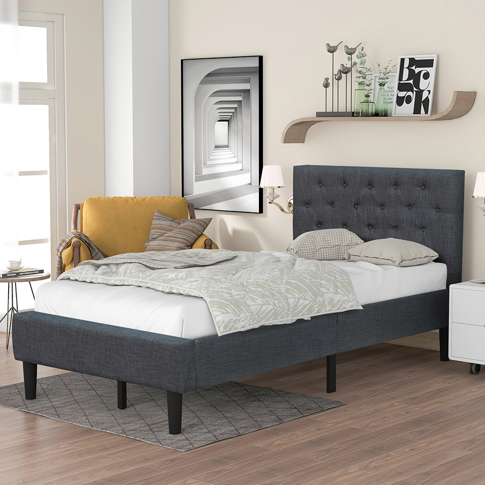 

Twin-Size Linen Upholstered Platform Bed Frame with Headboard and Wooden Slat Support, No Need for Box Spring - Gray