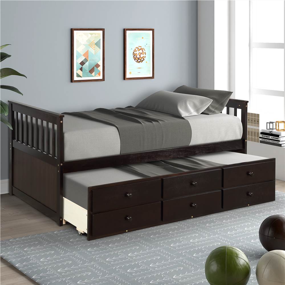 

TOPMAX Captain's Twin Size Bed Frame with Trundle Bed and Storage Drawers, for Boys, Girls and Small Rooms - Espresso