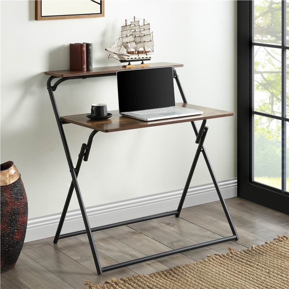 

Home Office MDF Folding Computer Desk with Shelf and X-shaped Metal Legs - Tiger