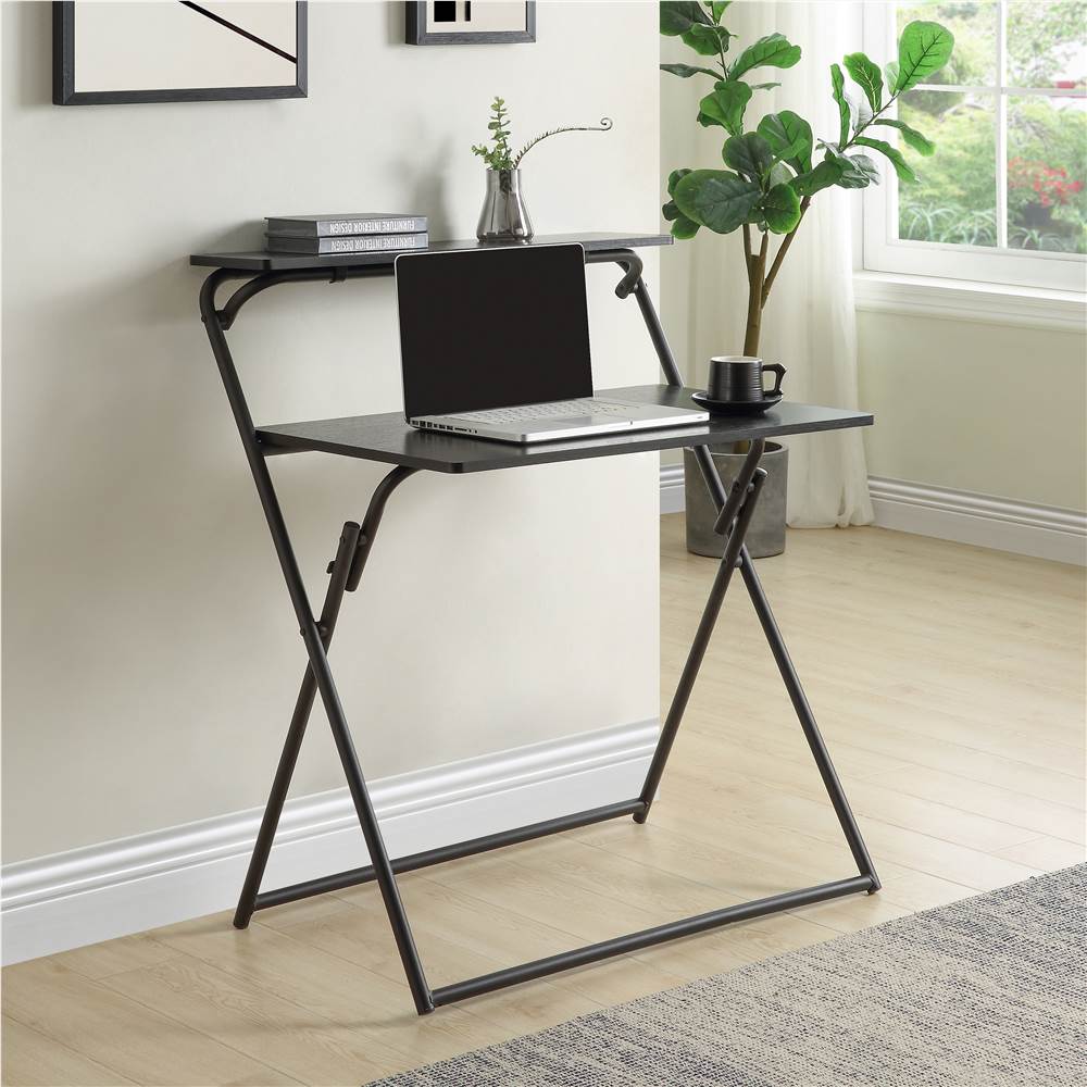 

Home Office MDF Folding Computer Desk with Shelf and X-shaped Metal Legs - Black