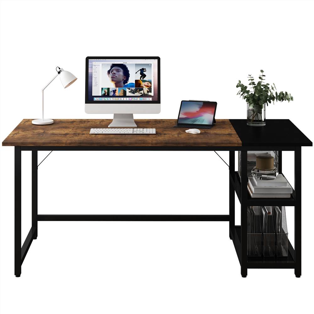 

Home Office 55" Modern Splice Style Computer Desk with 2-Layer Wooden Storage Shelves - Brown