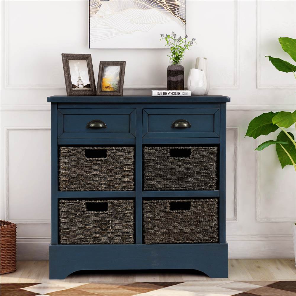 

TREXM 28" Rustic Wooden Console Table with 2 Drawers and 4 Storage Rattan Baskets, for Entrance Hallway, Dining Room, Kitchen - Navy