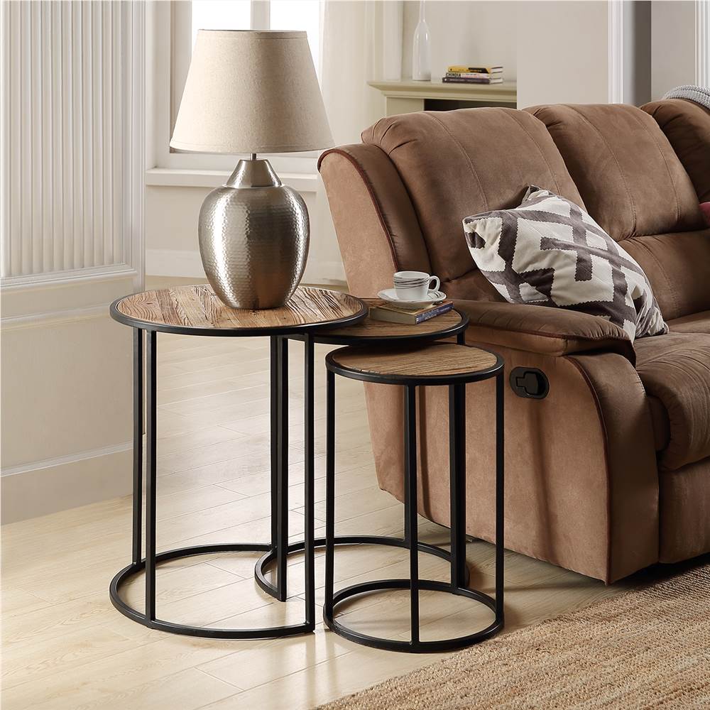 

U-STYLE 3 Piece Rustic Metal Nesting Coffee Table, for Kitchen, Restaurant, Office, Living Room, Cafe - Brown