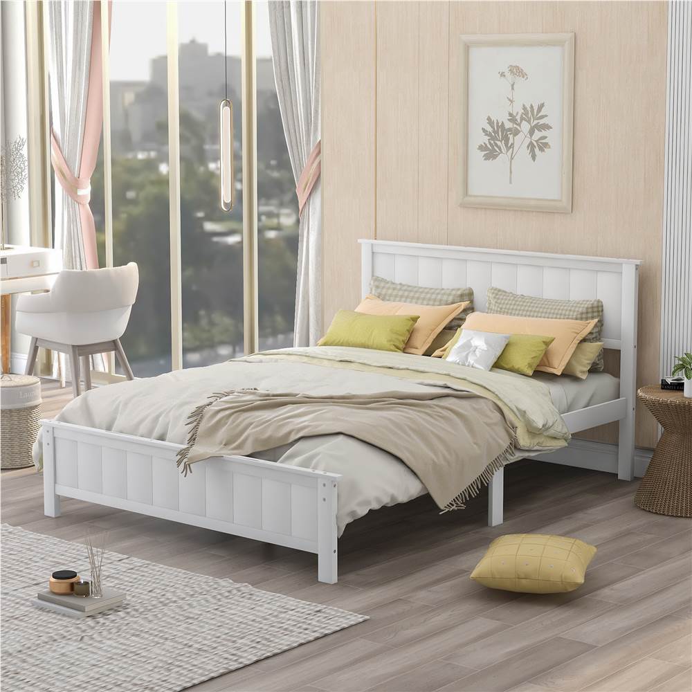 

Full Size Wooden Platform Bed Frame with Headboard, Footboard, and Wooden Slats Support, No Spring Box Required - White