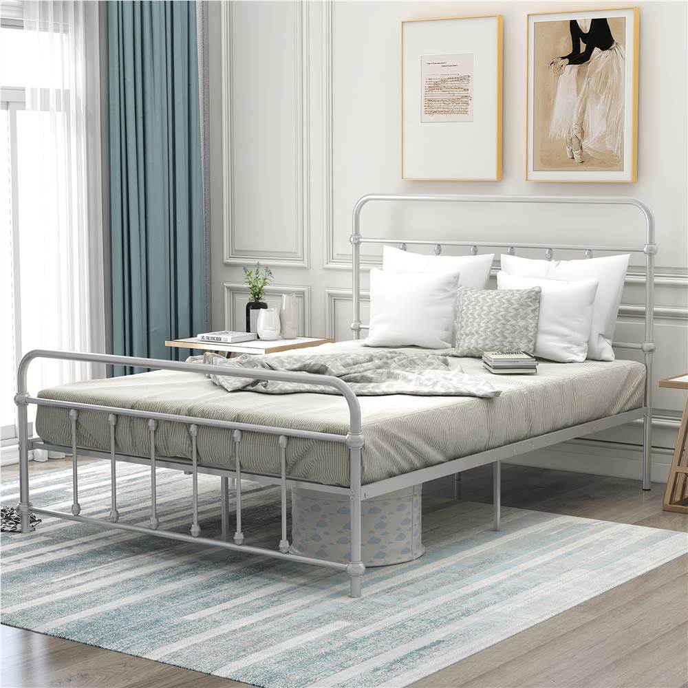 

Full Size Metal Platform Bed Frame with Headboard, Footboard, and Iron Slats Support, No Spring Box Required (Frame Only) - Silver