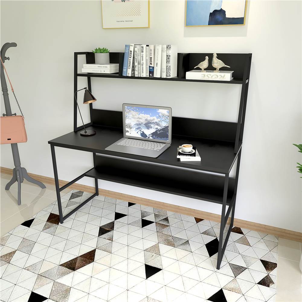 

47" Home Office Computer Desk with Storage Shelves, Wooden Tabletop and Metal Legs - Black