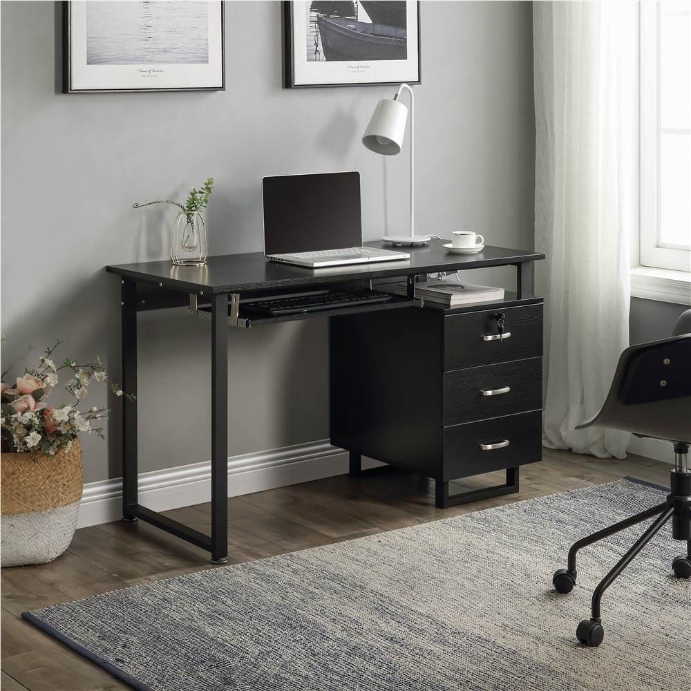 

U-STYLE Home Office Wooden Computer Desk with 3 Storage Drawers and Keyboard Tray - Black