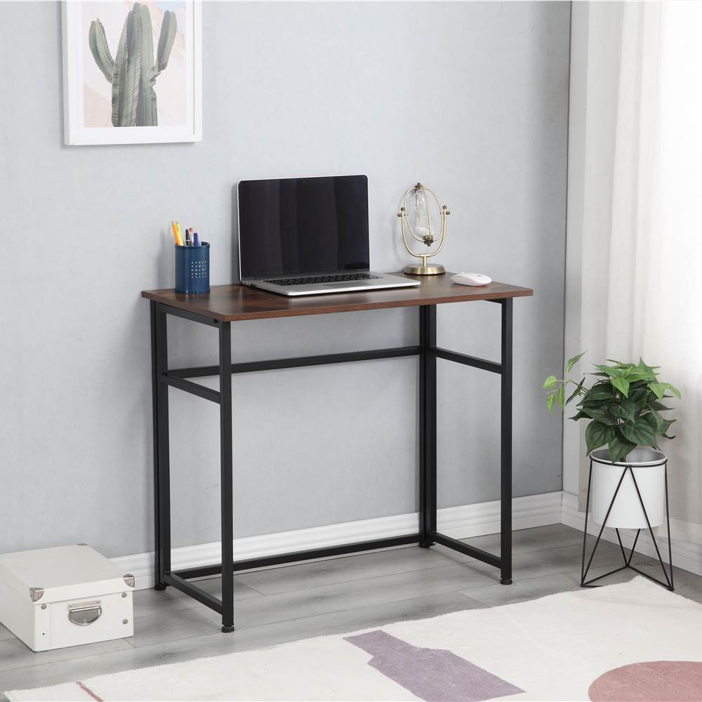 

Home Office Folding Computer Desk with Particle Board Tabletop and Metal Frame - Brown