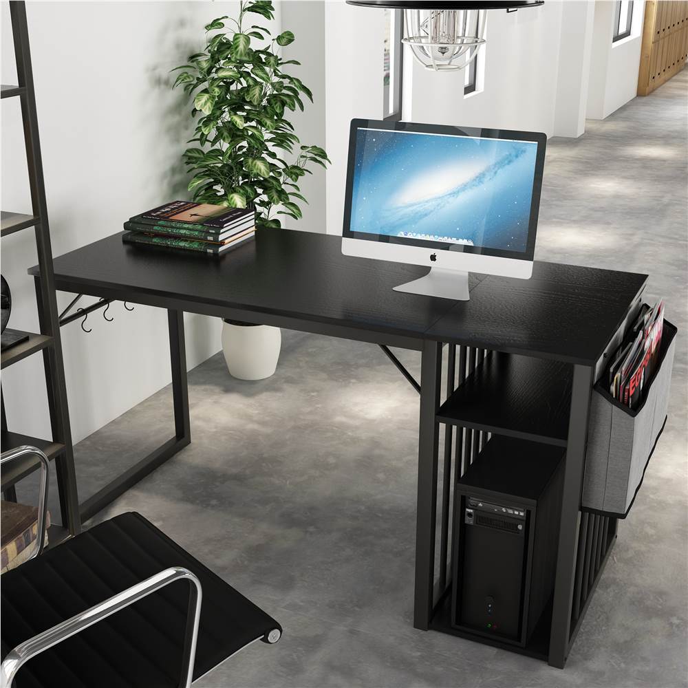 

Home Office 55" Computer Desk with Side Bag, Storage Shelves, Wooden Tabletop and Metal Frame, for Game Room, Office, Study Room - Black