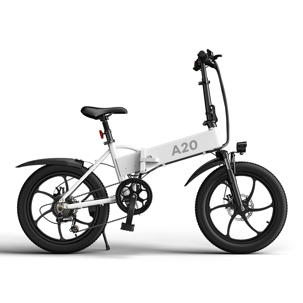 

ADO A20 Electric Folding Bike 20 inch City Bicycle 350W Hall Brushless Gear DC Motor SHIMANO 7-Speed Rear Derailleur 36V 10.4Ah Removable Battery 35km/h Max speed up to 60km Max Range IPX5 Double Shock-absorption Aluminum alloy Frame - White, Black