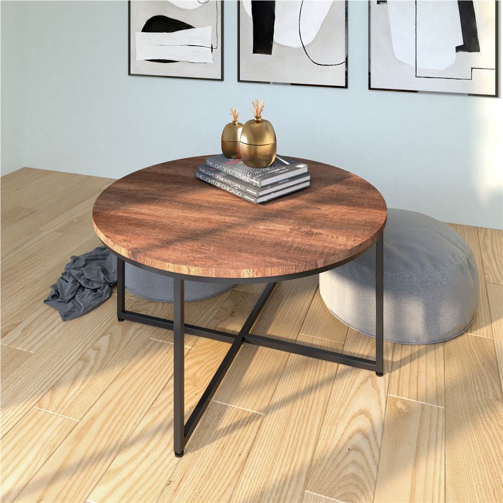 

35" Round Wooden Coffee Table, with Metal Frame, for Kitchen, Restaurant, Office, Living Room, Cafe - Dark Brown