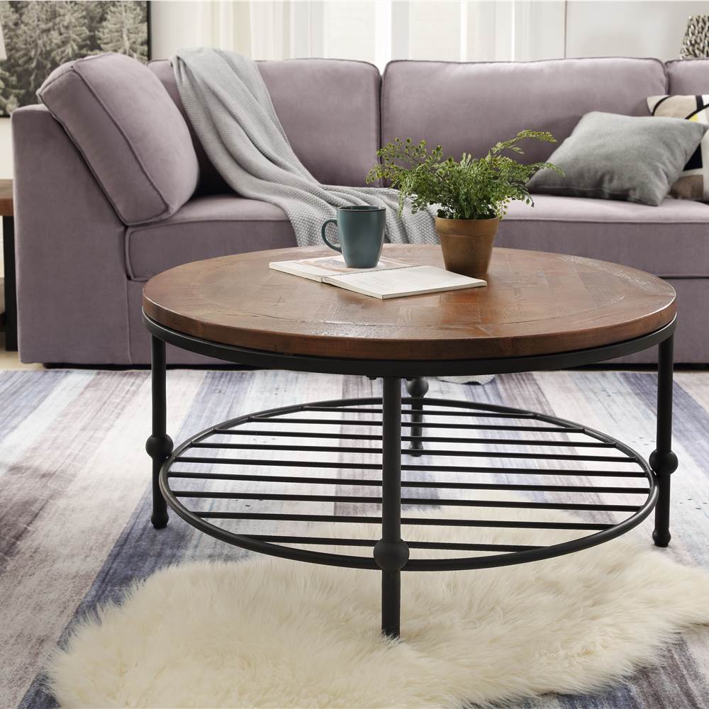

35.8" Round Wooden Coffee Table, with Storage Shelf, and Metal Frame, for Kitchen, Restaurant, Office, Living Room, Cafe - Brown