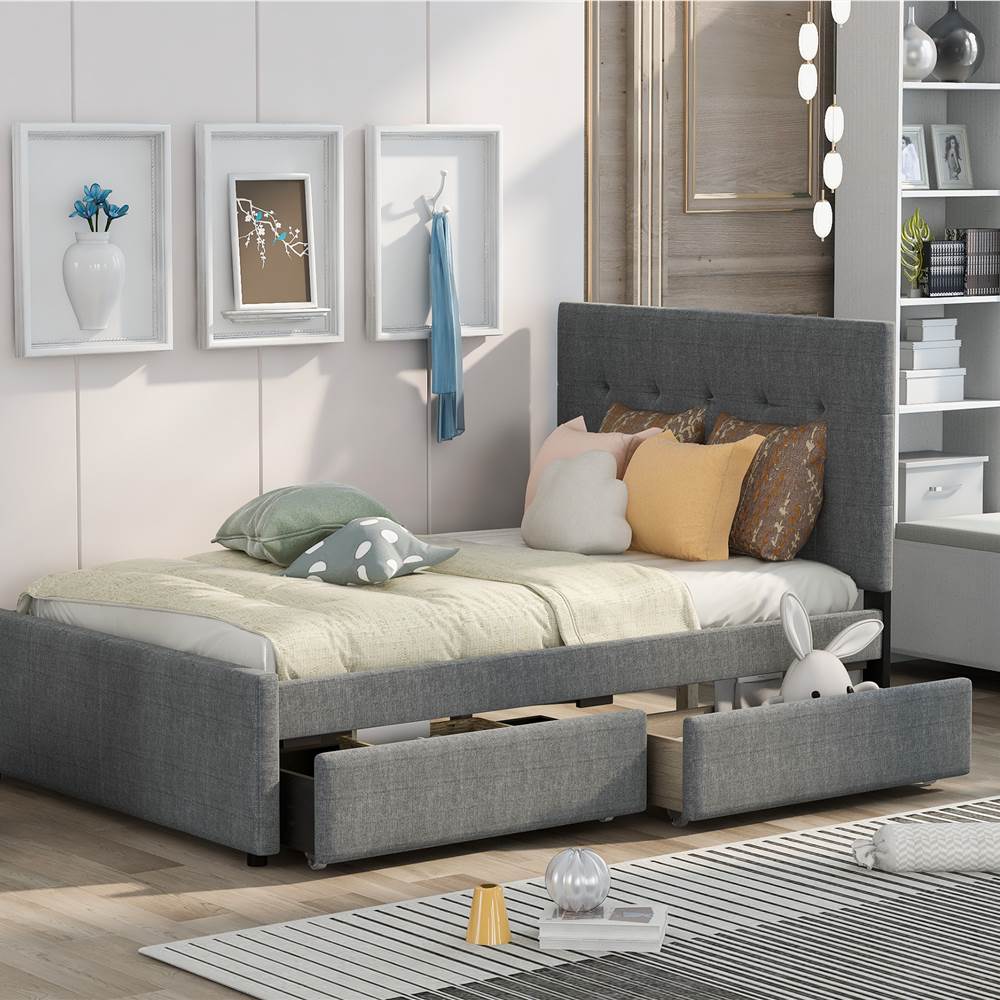 

Full-Size Linen Upholstered Platform Bed Frame with 2 Storage Drawers, Headboard and Wooden Slats Support, No Box Spring Needed (Only Frame) - Gray