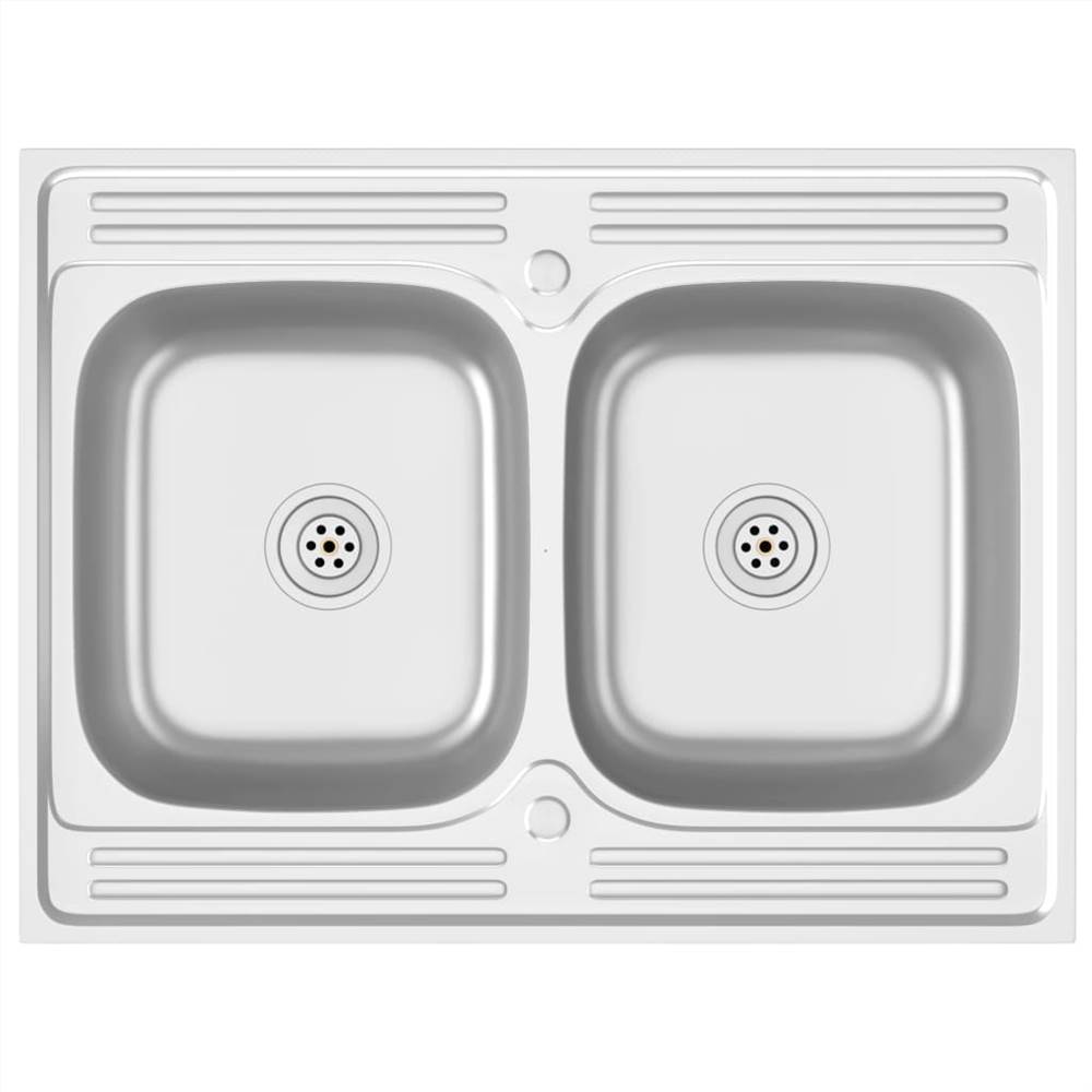 Kitchen Sink with Double Basins Silver 800x600x155 mm Stainless Steel