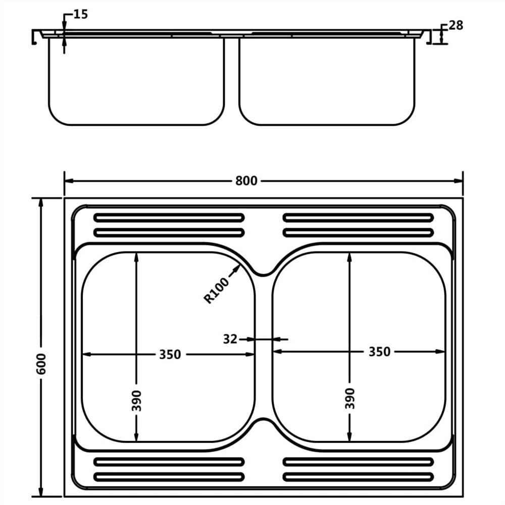 Kitchen Sink with Double Basins Silver 800x600x155 mm Stainless Steel