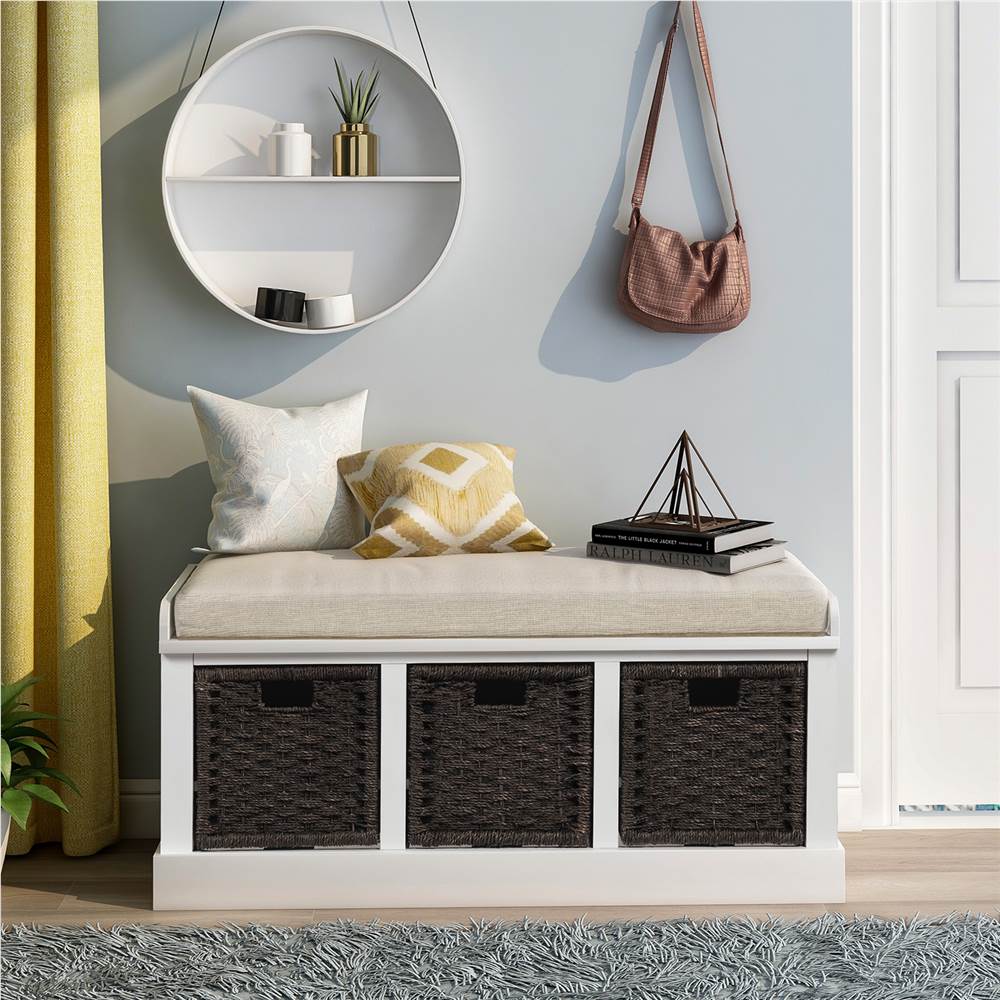 

TREXM 43.7" Rustic Style Wooden Storage Bench with 3 Removable Rattan Basket, for Entrance, Hallway, Bedroom - White